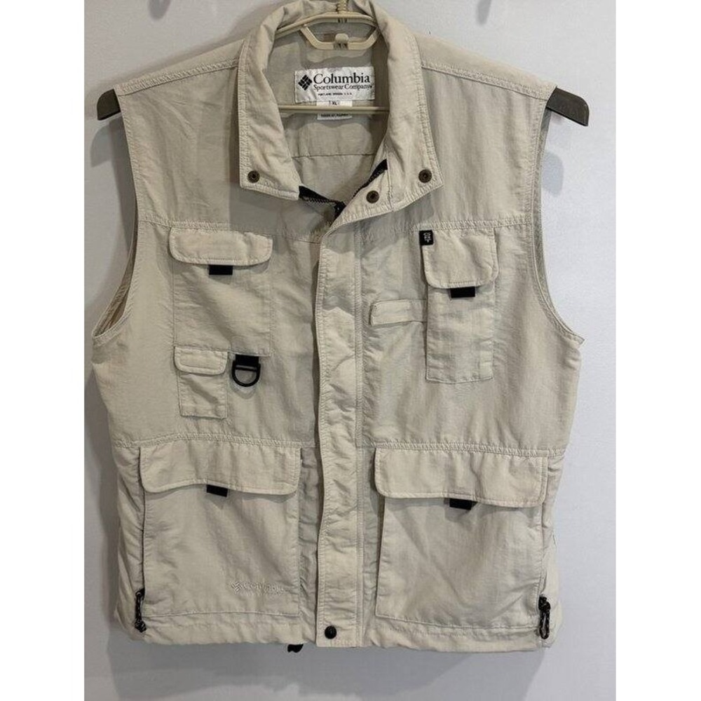 Columbia Vest Mens XL Large Tan GRT Vintage Cargo Outdoor Pockets Zip Fishing